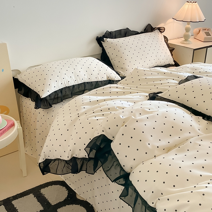 91家纺网 家纺一手货源 找家纺 绒世界 2025新款小清新美拉德水洗冰丝套件四件套 波点