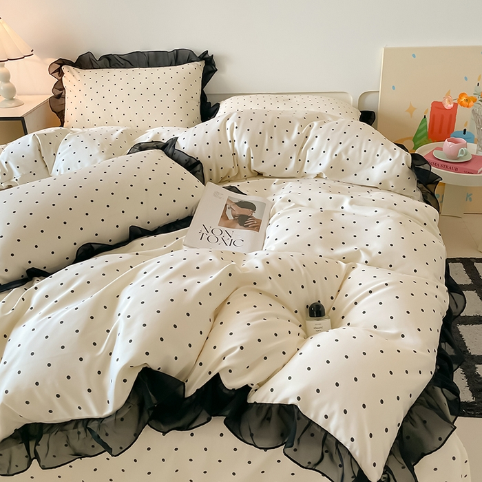 91家纺网 家纺一手货源 找家纺 绒世界 2025新款小清新美拉德水洗冰丝套件四件套 波点