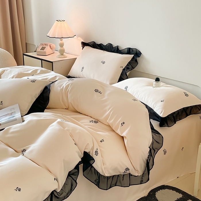 91家纺网 家纺一手货源 找家纺 绒世界 2025新款小清新美拉德水洗冰丝套件四件套 玫瑰