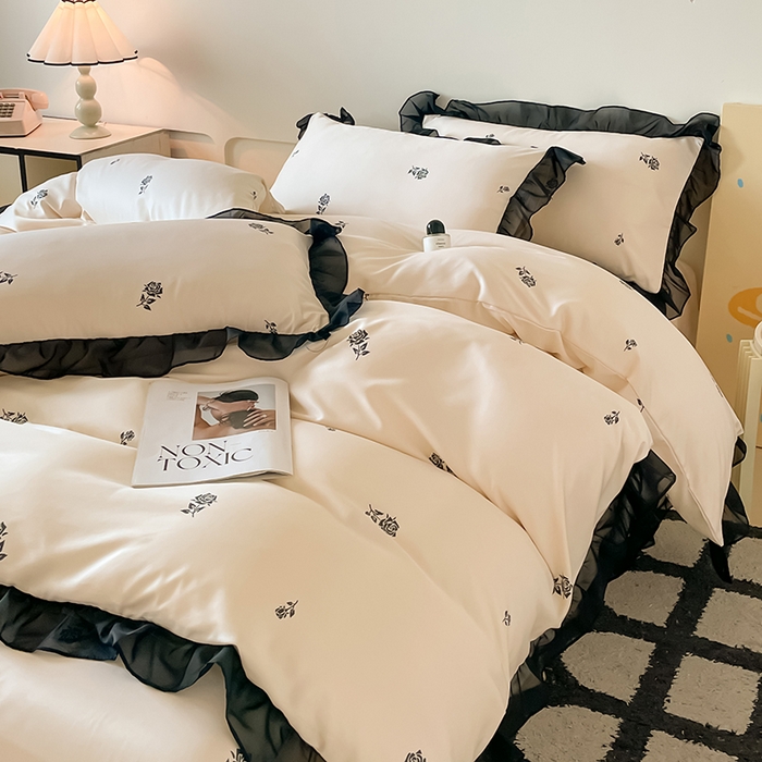 91家纺网 家纺一手货源 找家纺 绒世界 2025新款小清新美拉德水洗冰丝套件四件套 玫瑰