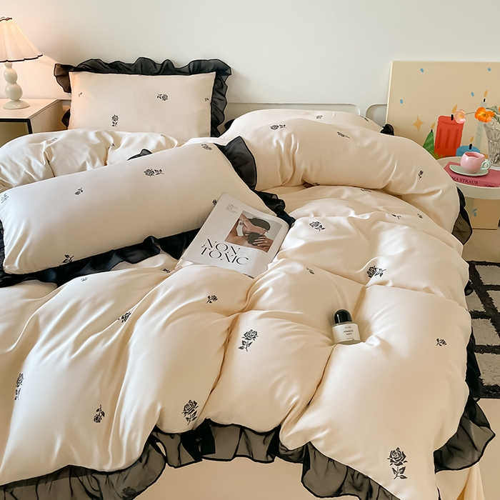 91家纺网 家纺一手货源 找家纺 绒世界 2025新款小清新美拉德水洗冰丝套件四件套 玫瑰