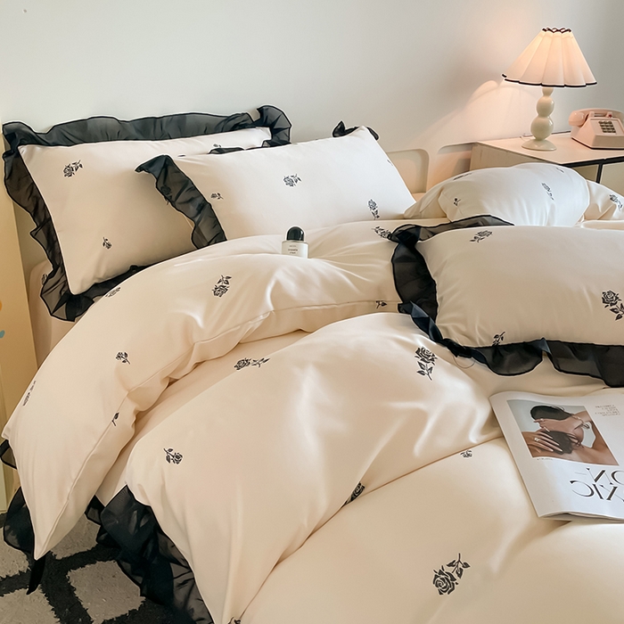 91家纺网 家纺一手货源 找家纺 绒世界 2025新款小清新美拉德水洗冰丝套件四件套 玫瑰