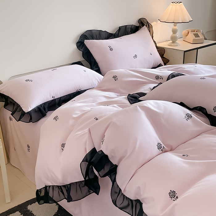 91家纺网 家纺一手货源 找家纺 绒世界 2025新款小清新美拉德水洗冰丝套件四件套 玫瑰-粉