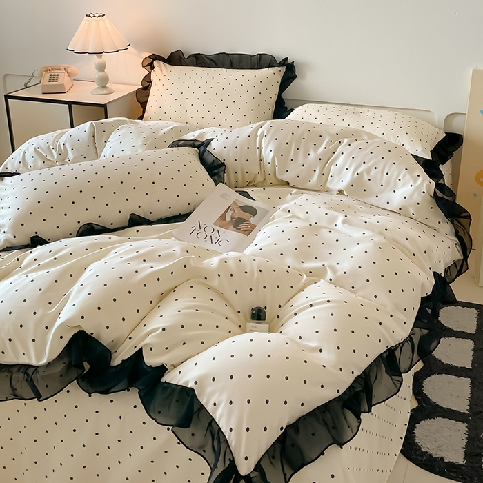 91家纺网 家纺一手货源 找家纺 绒世界 2025新款小清新美拉德水洗冰丝套件四件套 波点