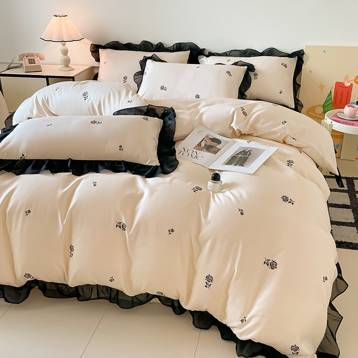 91家纺网 家纺一手货源 找家纺 绒世界 2025新款小清新美拉德水洗冰丝套件四件套 玫瑰