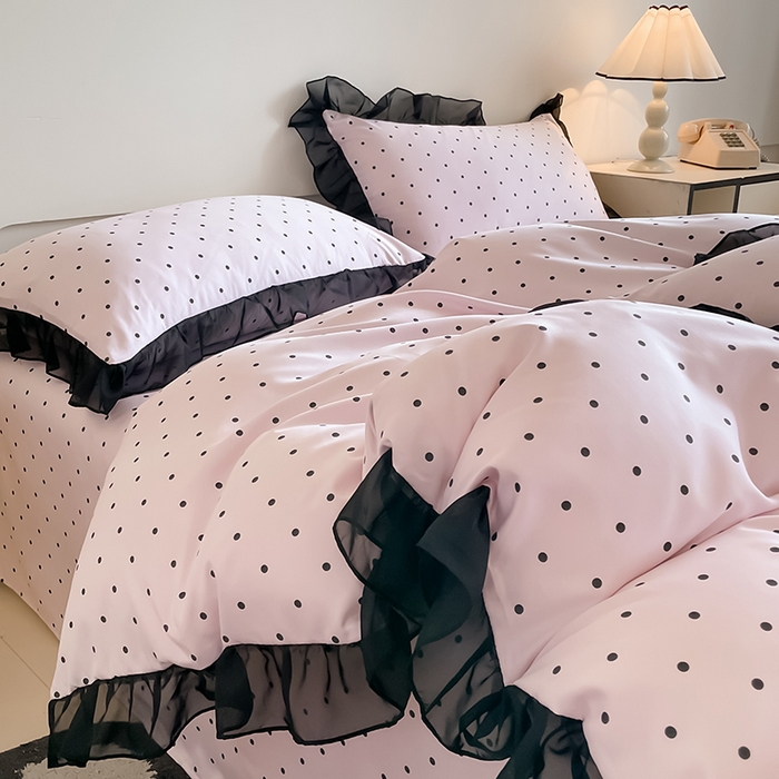 91家纺网 家纺一手货源 找家纺 绒世界 2025新款小清新美拉德水洗冰丝套件四件套 波点-粉