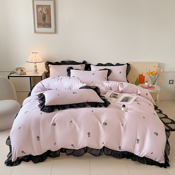 91家纺网 家纺一手货源 找家纺 绒世界 2025新款小清新美拉德水洗冰丝套件四件套 玫瑰-粉