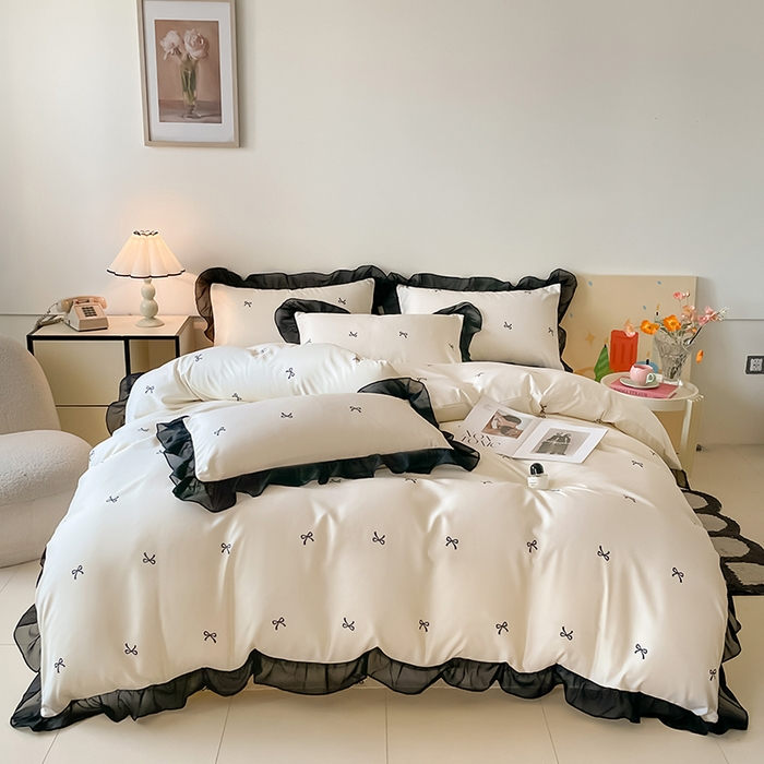 91家纺网 家纺一手货源 找家纺 绒世界 2025新款小清新美拉德水洗冰丝套件四件套 蝴蝶结