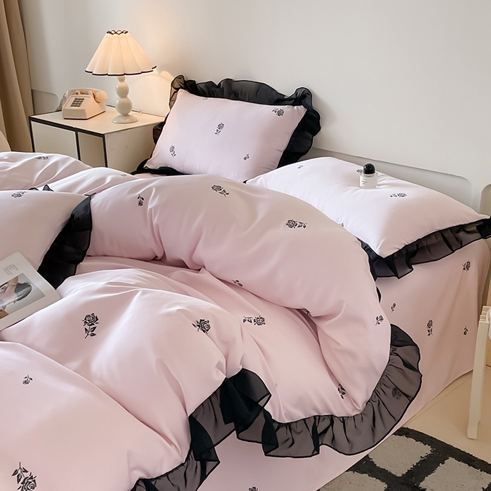 91家纺网 家纺一手货源 找家纺 绒世界 2025新款小清新美拉德水洗冰丝套件四件套 玫瑰-粉