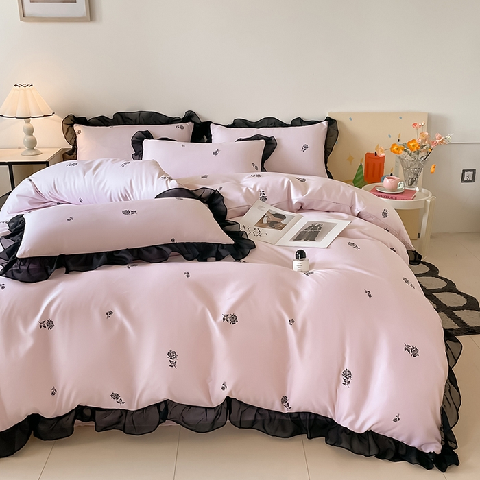 91家纺网 家纺一手货源 找家纺 绒世界 2025新款小清新美拉德水洗冰丝套件四件套 玫瑰-粉