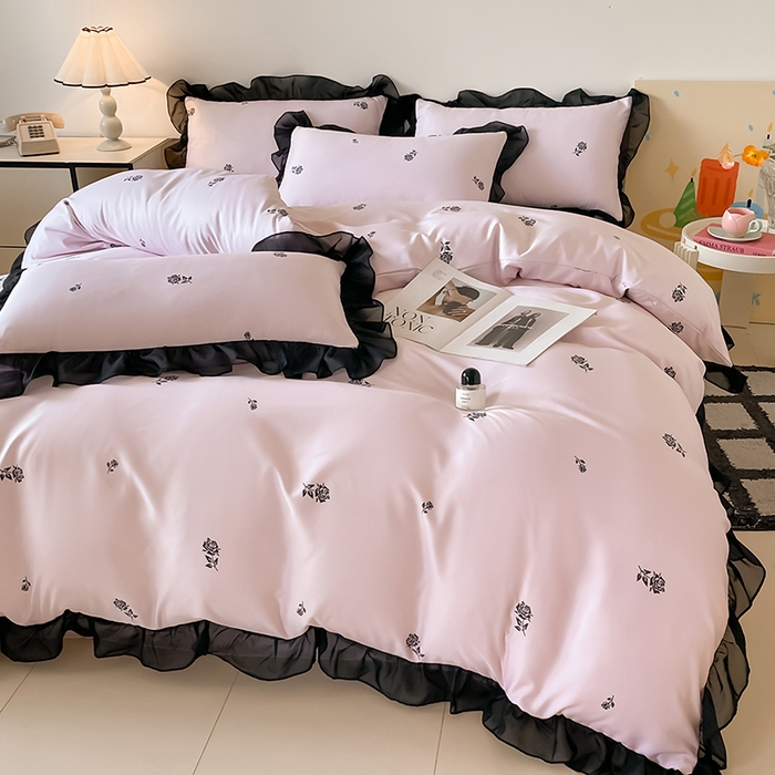 91家纺网 家纺一手货源 找家纺 绒世界 2025新款小清新美拉德水洗冰丝套件四件套 玫瑰-粉