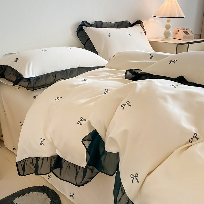 91家纺网 家纺一手货源 找家纺 绒世界 2025新款小清新美拉德水洗冰丝套件四件套 蝴蝶结