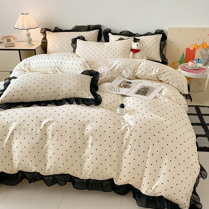 91家纺网 家纺一手货源 找家纺 绒世界 2025新款小清新美拉德水洗冰丝套件四件套 波点