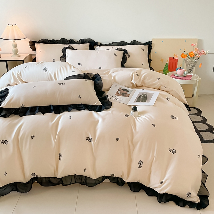 91家纺网 家纺一手货源 找家纺 绒世界 2025新款小清新美拉德水洗冰丝套件四件套 玫瑰