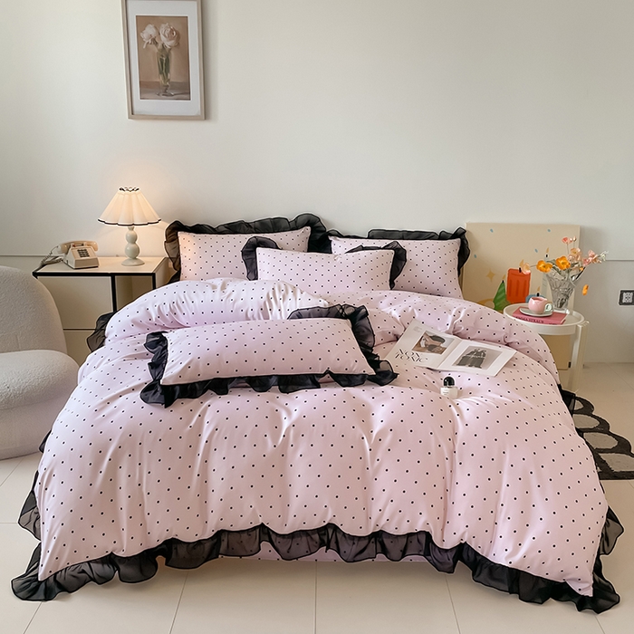 91家纺网 家纺一手货源 找家纺 绒世界 2025新款小清新美拉德水洗冰丝套件四件套 波点-粉