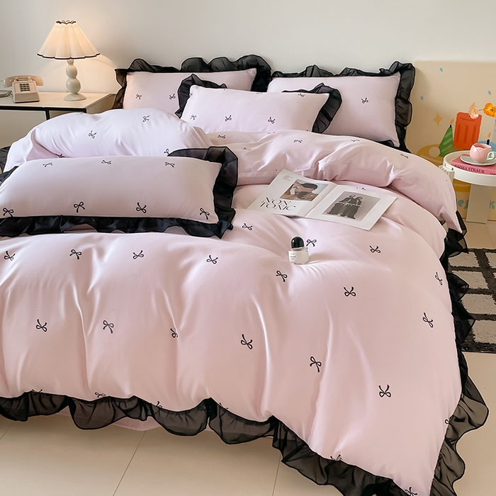 91家纺网 家纺一手货源 找家纺 绒世界 2025新款小清新美拉德水洗冰丝套件四件套 蝴蝶结-粉