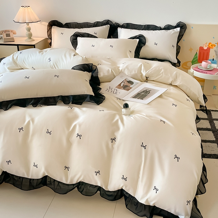 91家纺网 家纺一手货源 找家纺 绒世界 2025新款小清新美拉德水洗冰丝套件四件套 蝴蝶结