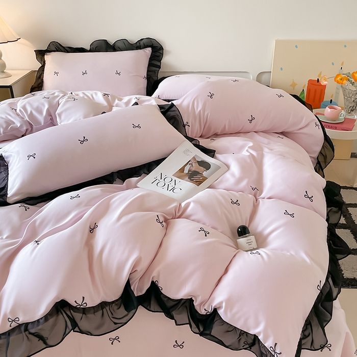 91家纺网 家纺一手货源 找家纺 绒世界 2025新款小清新美拉德水洗冰丝套件四件套 蝴蝶结-粉