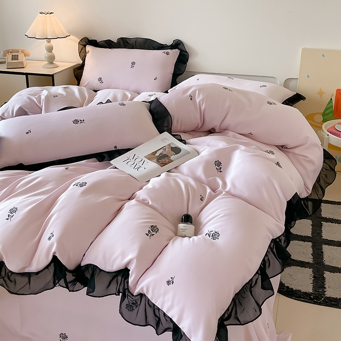 91家纺网 家纺一手货源 找家纺 绒世界 2025新款小清新美拉德水洗冰丝套件四件套 玫瑰-粉