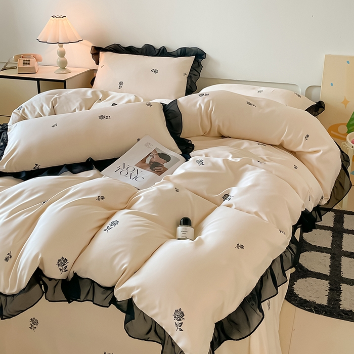 91家纺网 家纺一手货源 找家纺 绒世界 2025新款小清新美拉德水洗冰丝套件四件套 玫瑰