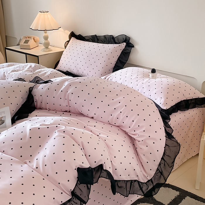 91家纺网 家纺一手货源 找家纺 绒世界 2025新款小清新美拉德水洗冰丝套件四件套 波点-粉