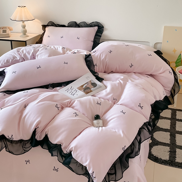 91家纺网 家纺一手货源 找家纺 绒世界 2025新款小清新美拉德水洗冰丝套件四件套 蝴蝶结-粉