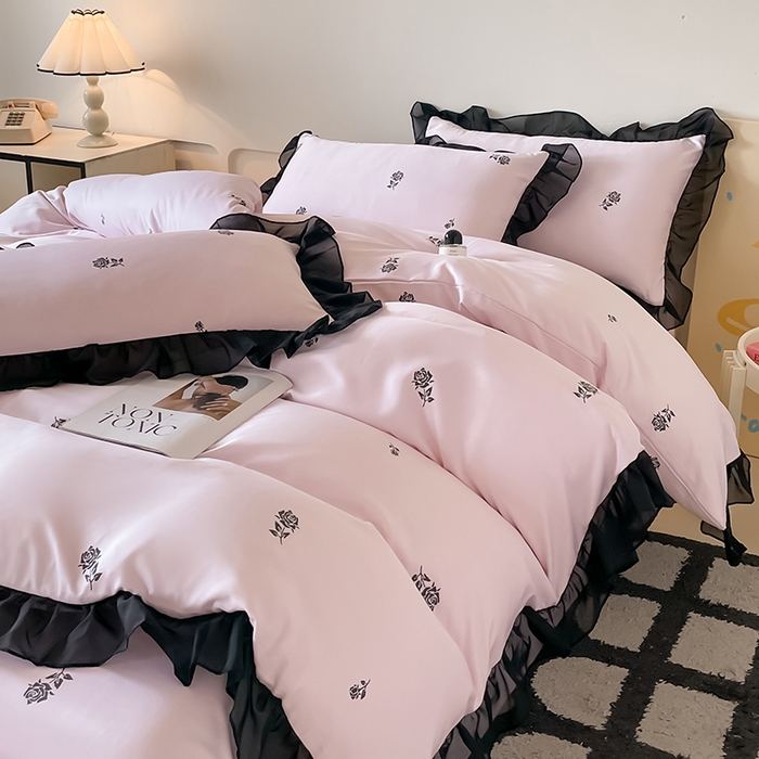 91家纺网 家纺一手货源 找家纺 绒世界 2025新款小清新美拉德水洗冰丝套件四件套 玫瑰-粉