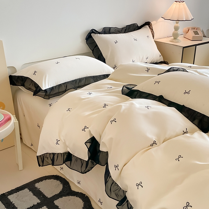 91家纺网 家纺一手货源 找家纺 绒世界 2025新款小清新美拉德水洗冰丝套件四件套 蝴蝶结