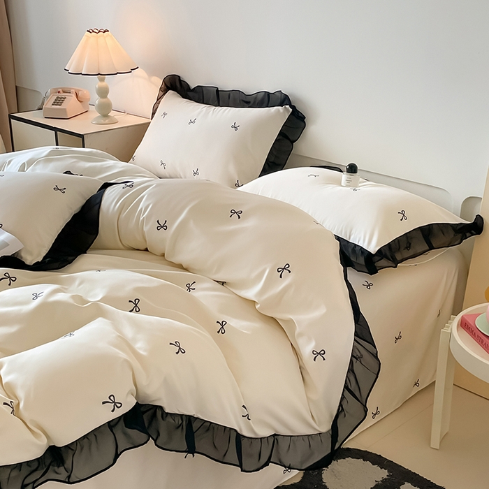 91家纺网 家纺一手货源 找家纺 绒世界 2025新款小清新美拉德水洗冰丝套件四件套 蝴蝶结