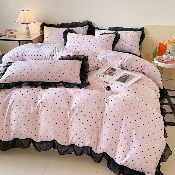 91家纺网 家纺一手货源 找家纺 绒世界 2025新款小清新美拉德水洗冰丝套件四件套 波点-粉