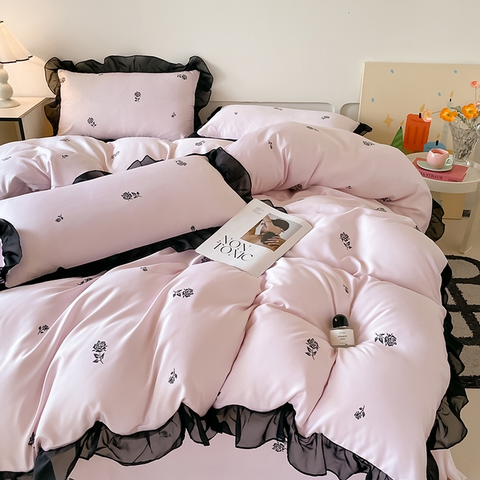 91家纺网 家纺一手货源 找家纺 绒世界 2025新款小清新美拉德水洗冰丝套件四件套 玫瑰-粉