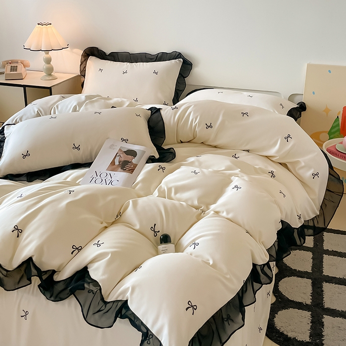 91家纺网 家纺一手货源 找家纺 绒世界 2025新款小清新美拉德水洗冰丝套件四件套 蝴蝶结