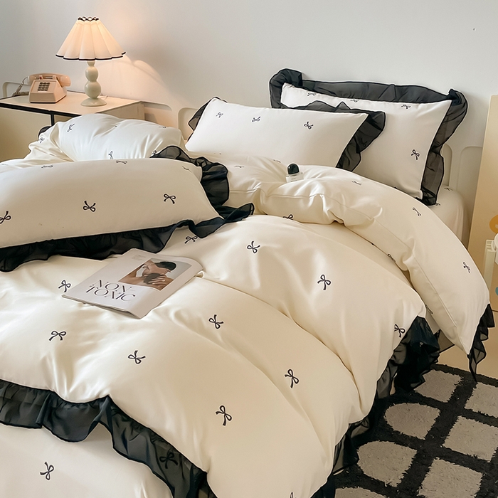 91家纺网 家纺一手货源 找家纺 绒世界 2025新款小清新美拉德水洗冰丝套件四件套 蝴蝶结