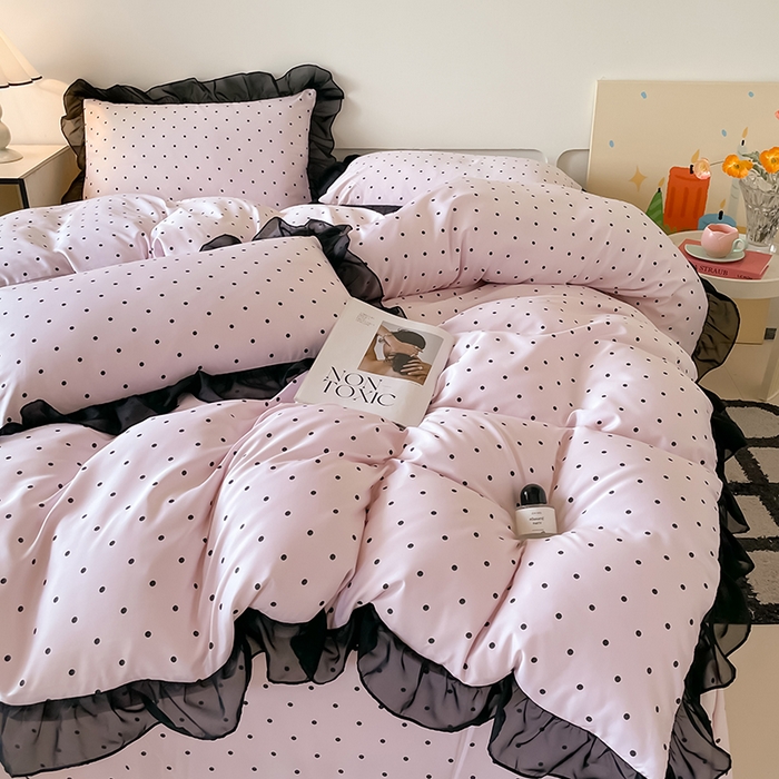 91家纺网 家纺一手货源 找家纺 绒世界 2025新款小清新美拉德水洗冰丝套件四件套 波点-粉