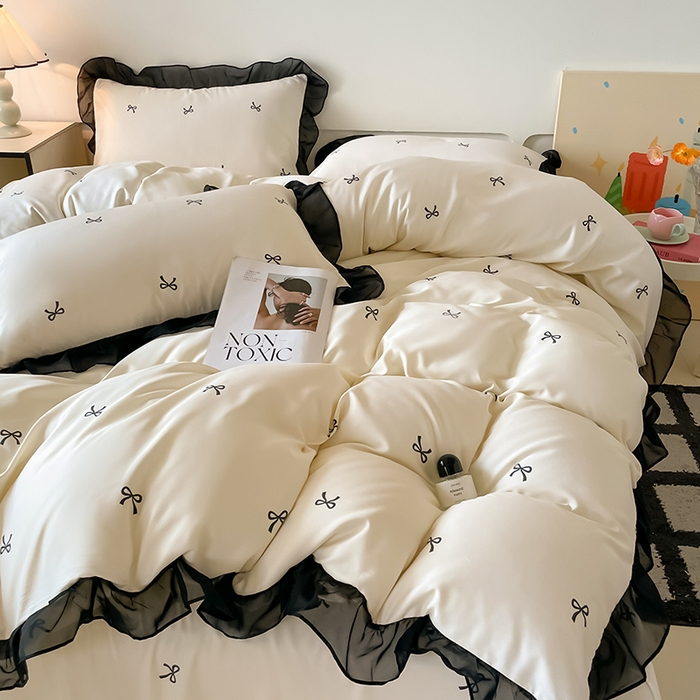 91家纺网 家纺一手货源 找家纺 绒世界 2025新款小清新美拉德水洗冰丝套件四件套 蝴蝶结