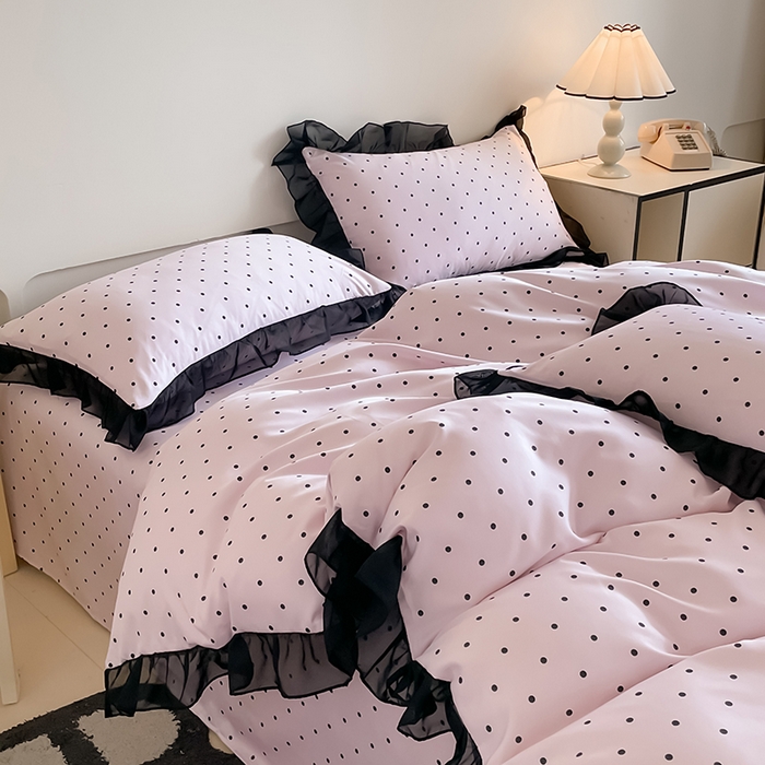 91家纺网 家纺一手货源 找家纺 绒世界 2025新款小清新美拉德水洗冰丝套件四件套 波点-粉