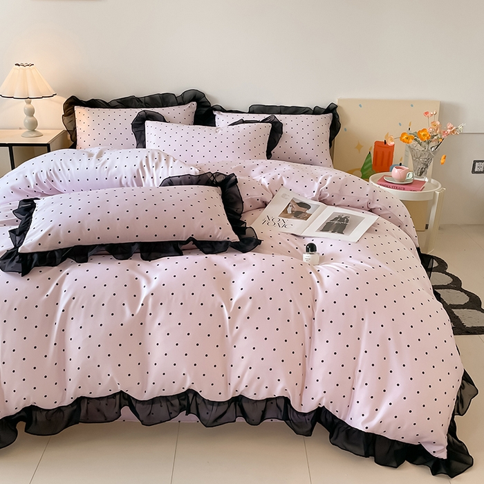 91家纺网 家纺一手货源 找家纺 绒世界 2025新款小清新美拉德水洗冰丝套件四件套 波点-粉