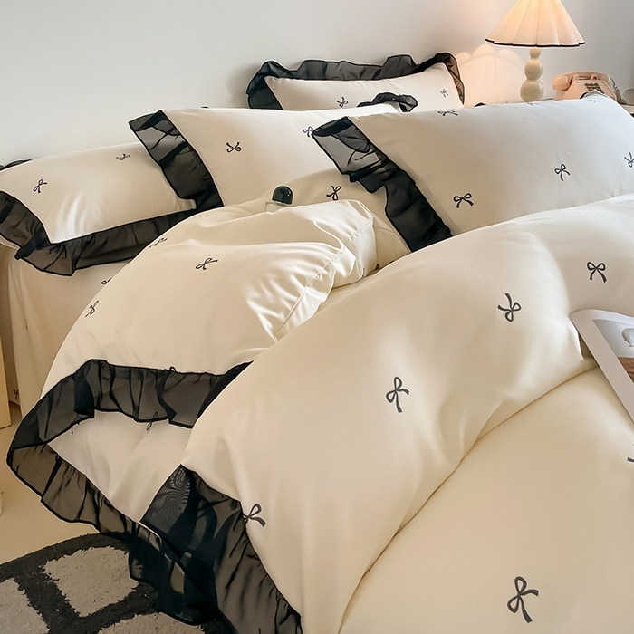 91家纺网 家纺一手货源 找家纺 绒世界 2025新款小清新美拉德水洗冰丝套件四件套 蝴蝶结