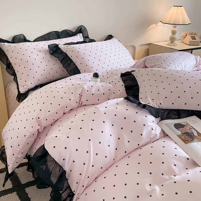 91家纺网 家纺一手货源 找家纺 绒世界 2025新款小清新美拉德水洗冰丝套件四件套 波点-粉