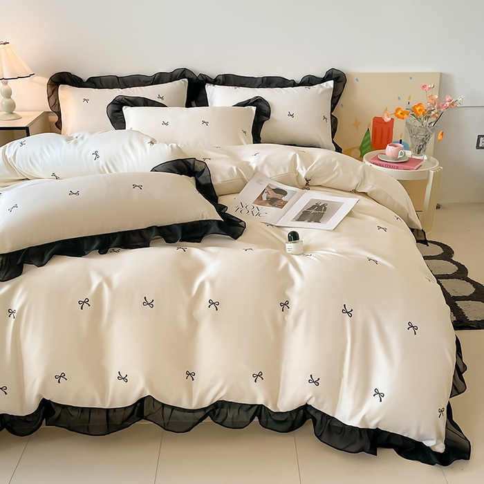 91家纺网 家纺一手货源 找家纺 绒世界 2025新款小清新美拉德水洗冰丝套件四件套 蝴蝶结