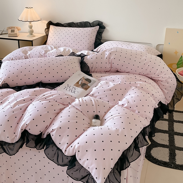 91家纺网 家纺一手货源 找家纺 绒世界 2025新款小清新美拉德水洗冰丝套件四件套 波点-粉