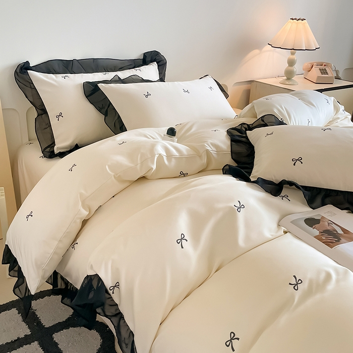 91家纺网 家纺一手货源 找家纺 绒世界 2025新款小清新美拉德水洗冰丝套件四件套 蝴蝶结