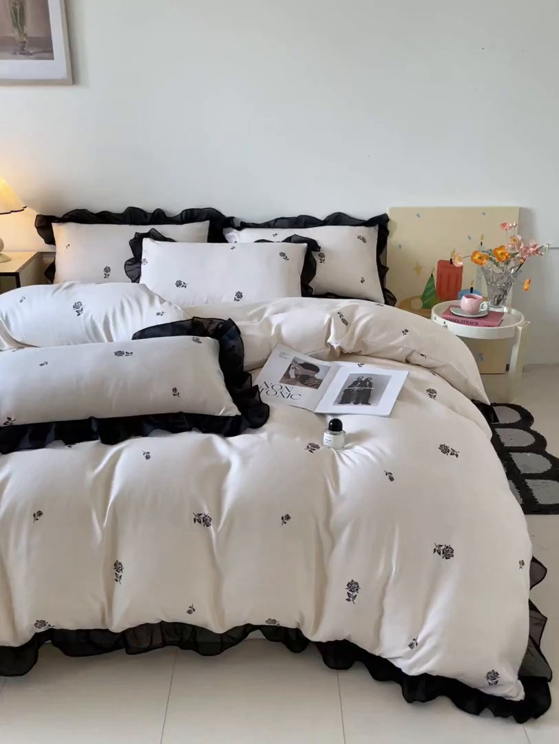 91家纺网 家纺一手货源 找家纺 绒世界 2025新款小清新美拉德水洗冰丝套件四件套 玫瑰