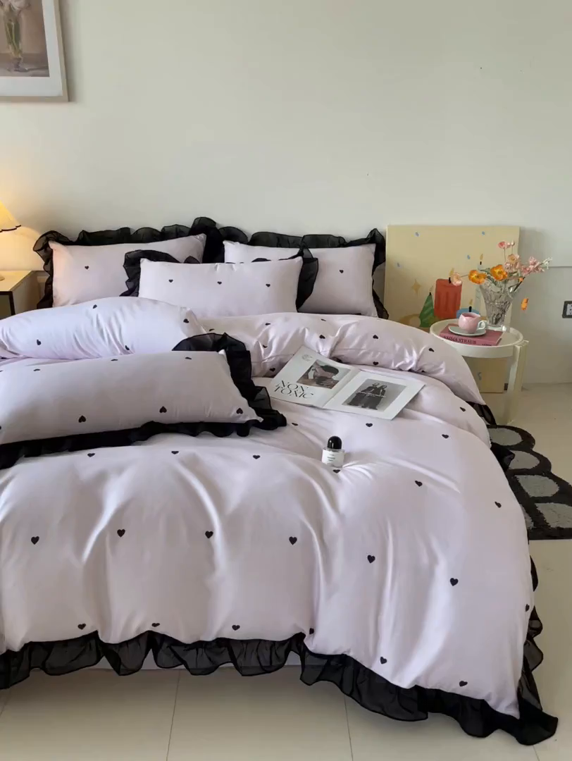 91家纺网 家纺一手货源 找家纺 绒世界 2025新款小清新美拉德水洗冰丝套件四件套 爱心-粉