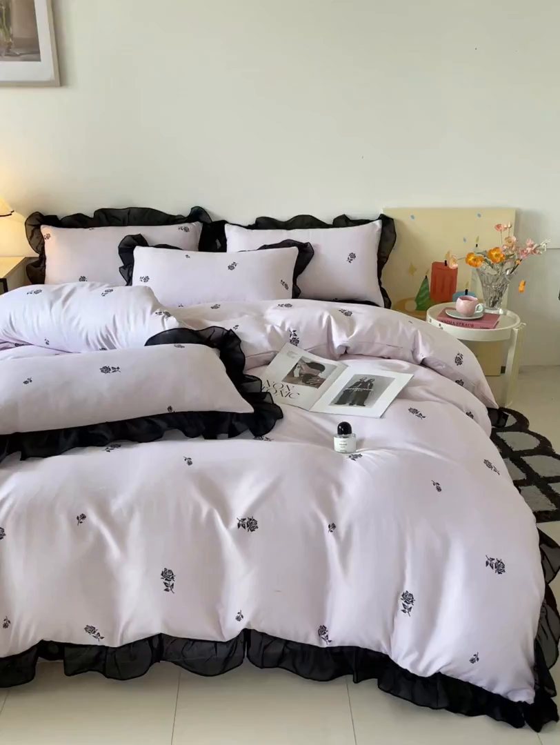 91家纺网 家纺一手货源 找家纺 绒世界 2025新款小清新美拉德水洗冰丝套件四件套 玫瑰-粉