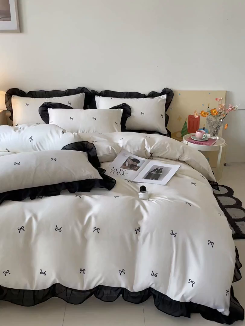 91家纺网 家纺一手货源 找家纺 绒世界 2025新款小清新美拉德水洗冰丝套件四件套 蝴蝶结