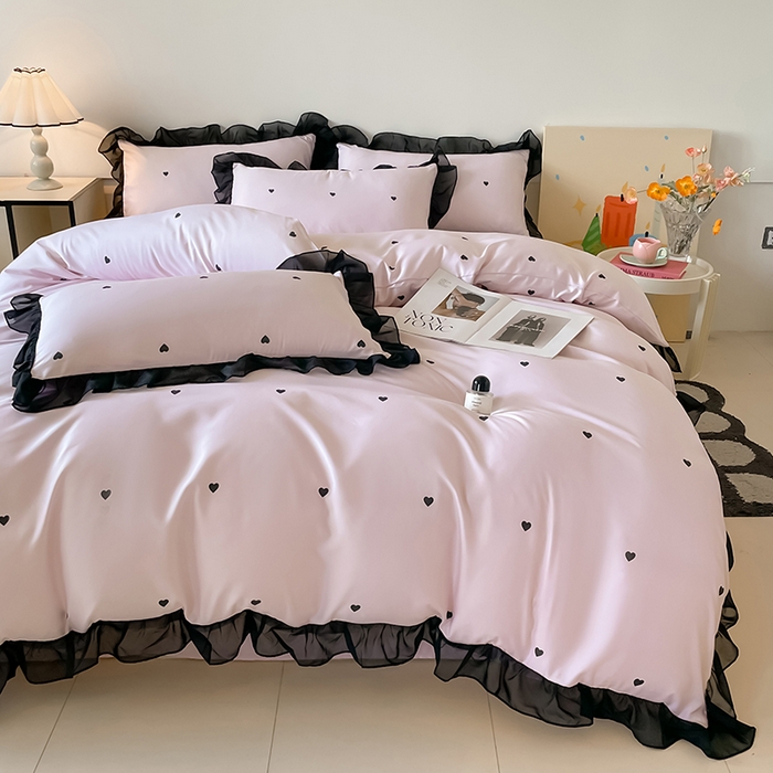 91家纺网 家纺一手货源 找家纺 绒世界 2025新款小清新美拉德水洗冰丝套件四件套 爱心-粉