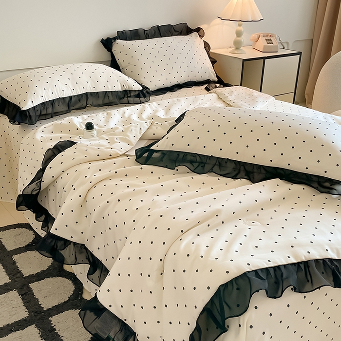 91家纺网 家纺一手货源 找家纺 绒世界 2025新款水洗真丝绣花冰丝美拉德夏被四件套系列 夏被-波点