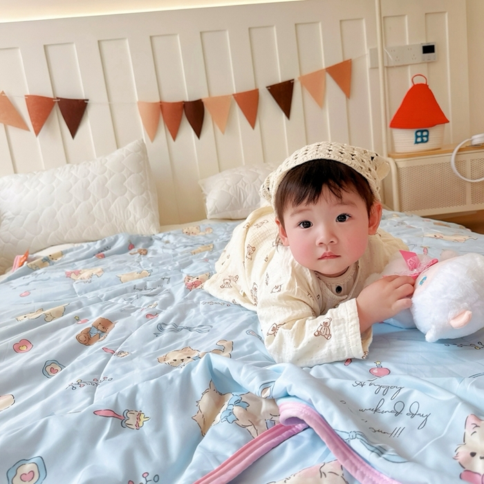 91家纺网 家纺一手货源 找家纺 兜米  2025夏季A类针织棉夏凉被小清新卡通双面针织棉空调被子被芯 宠物喵喵