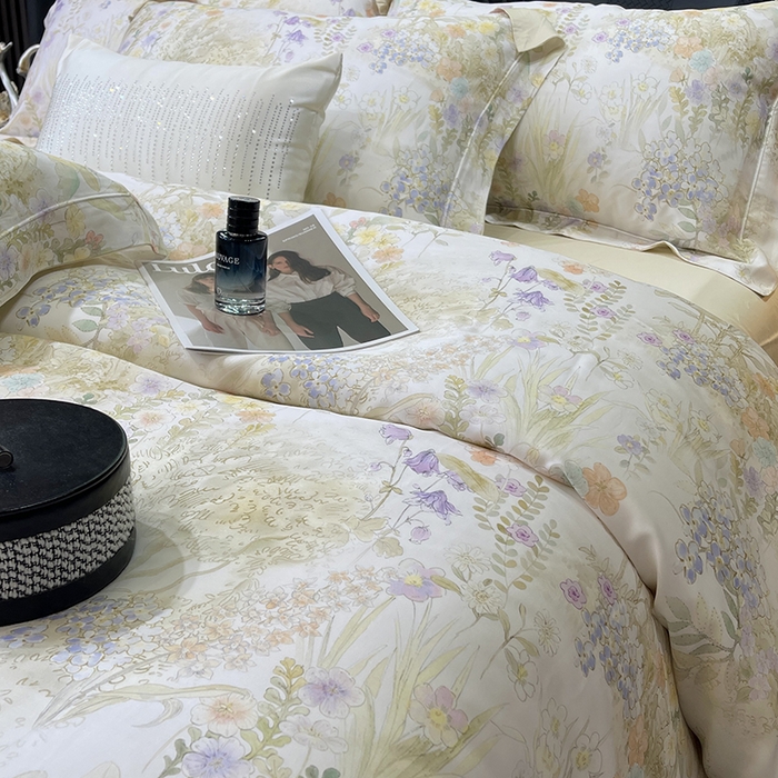 91家纺网 家纺一手货源 找家纺 莱豫2025新款50支莱赛尔天丝四件套 遇春雪米